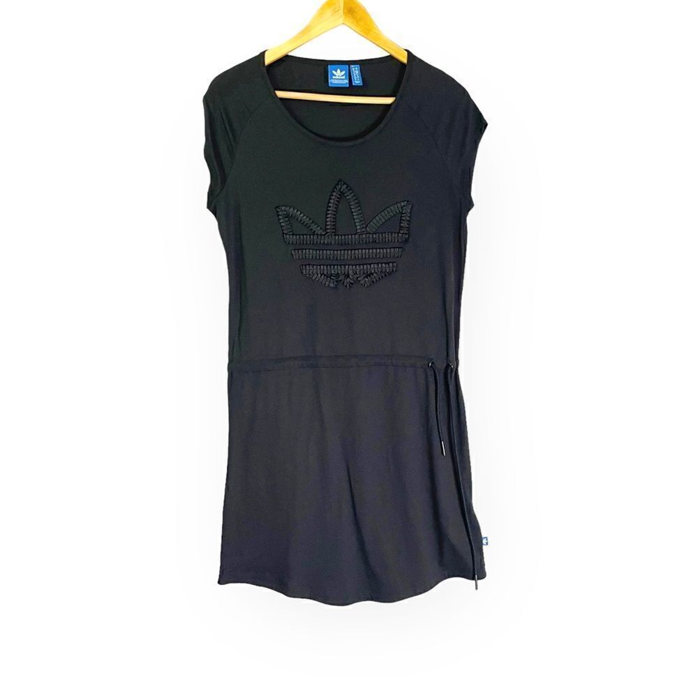 Adidas Black Ruffle Logo Blouson Mini Casual Tee Shirt Dress Drawstring Waist